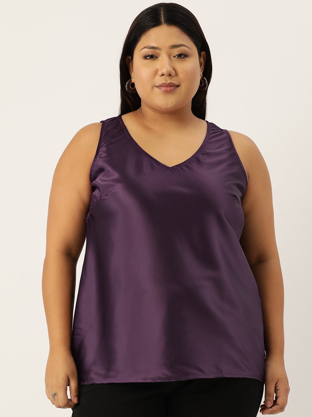 Women's Plus Size Purple Solid Color Satin Top