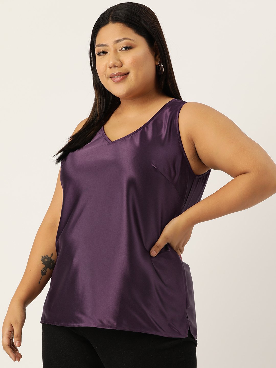Women's Plus Size Purple Solid Color Satin Top
