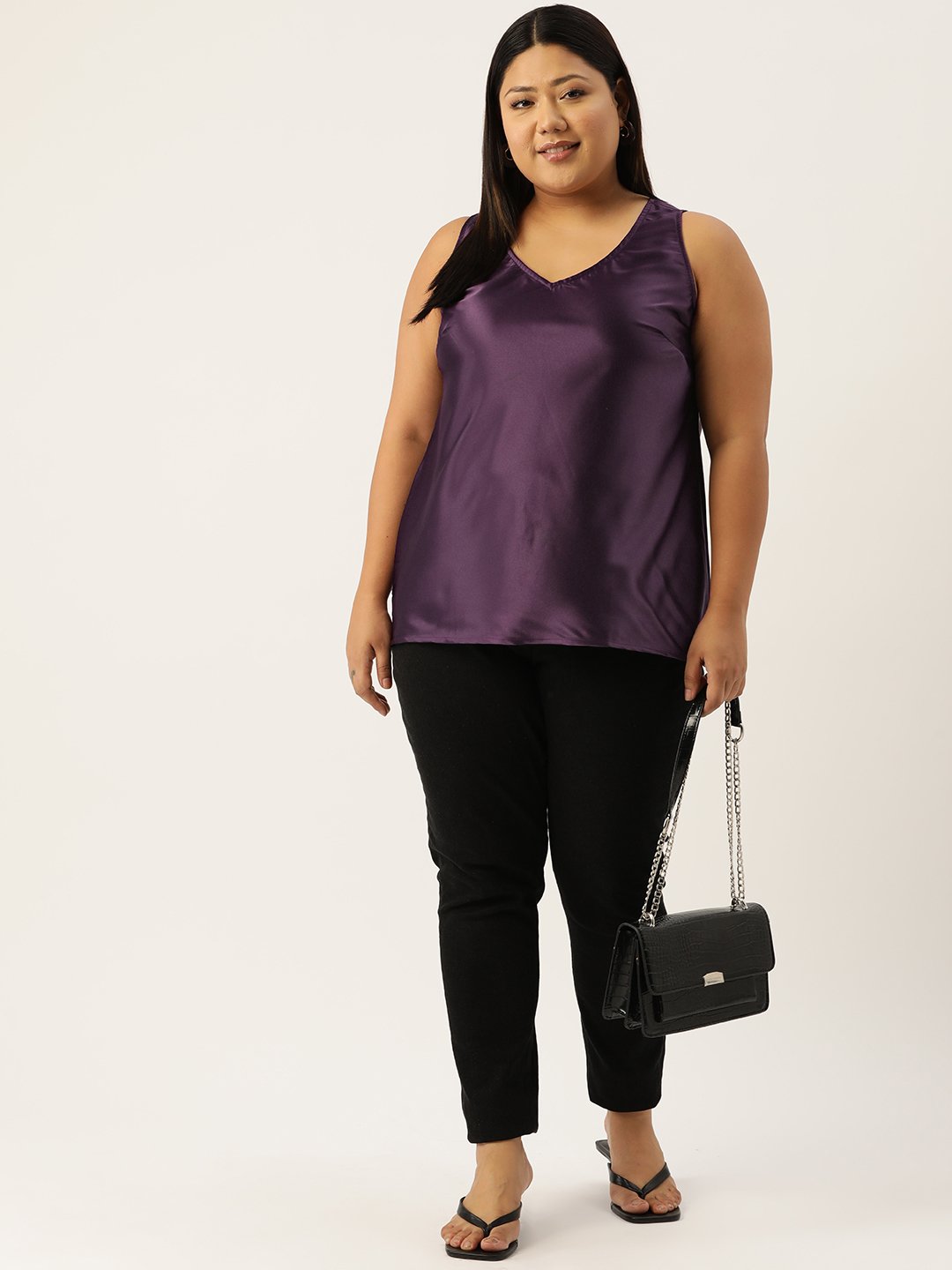 Women's Plus Size Purple Solid Color Satin Top