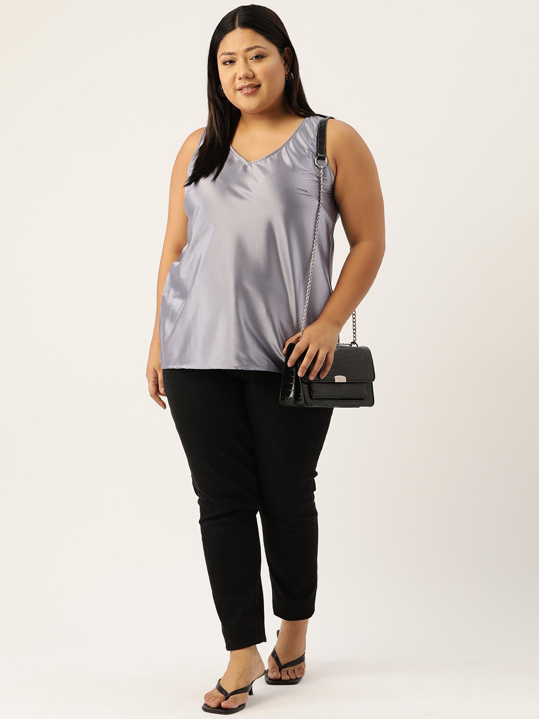 Women's Plus Size Silver Solid Color Satin Top
