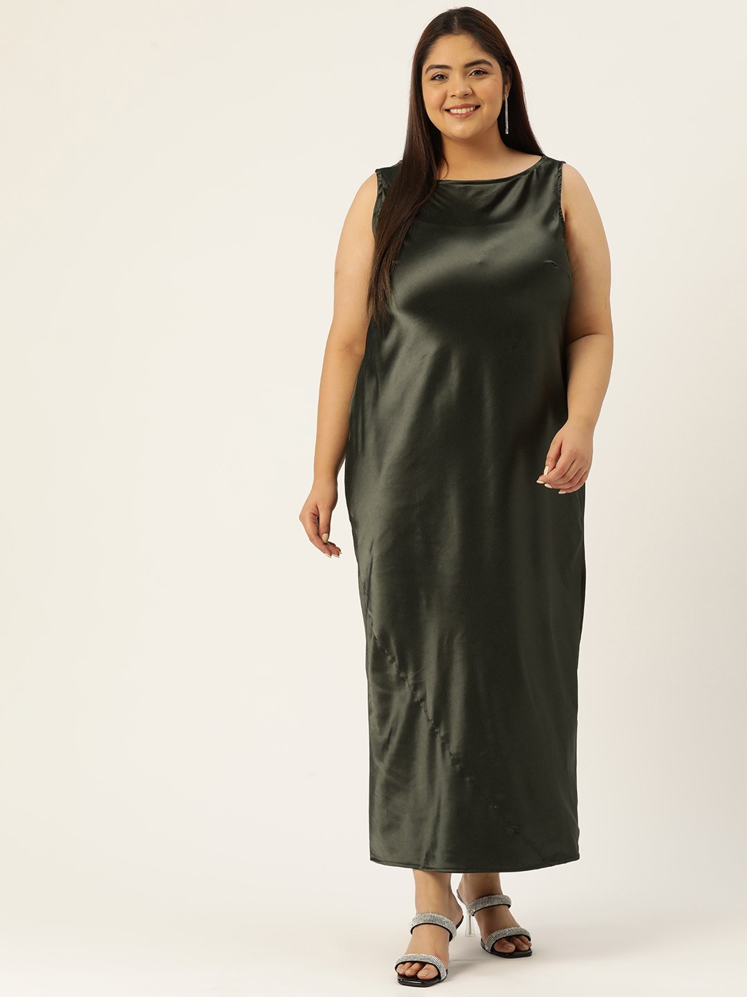 Women's Plus Size Olive Solid Color Satin Sleeveless Maxi Dress