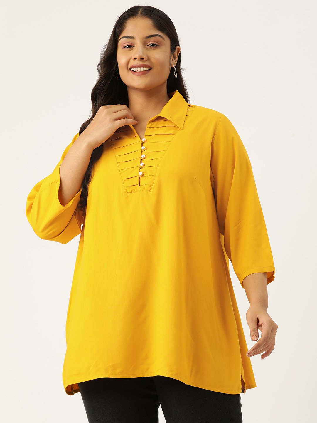 Women's Plus SizeMustard Solid Color Shirt Style Longline Top