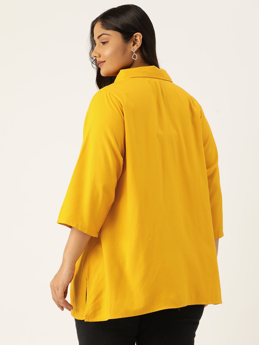 Women's Plus SizeMustard Solid Color Shirt Style Longline Top