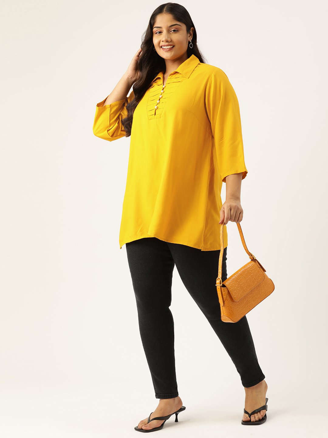 Women's Plus SizeMustard Solid Color Shirt Style Longline Top