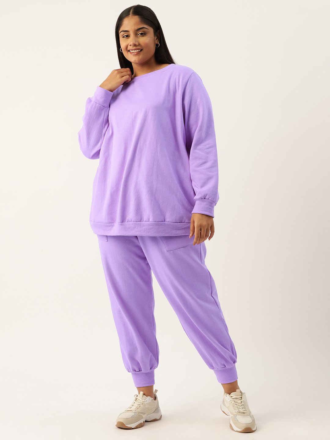 Women's Plus Size Lilac Solid Color Plain Sweatshirt With Trouser