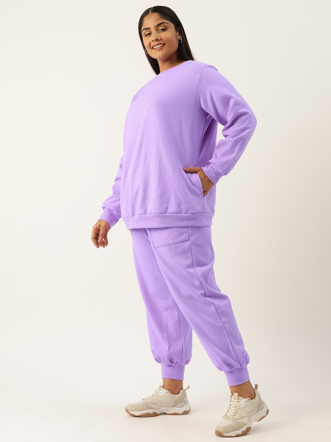 Women's Plus Size Lilac Solid Color Plain Sweatshirt With Trouser
