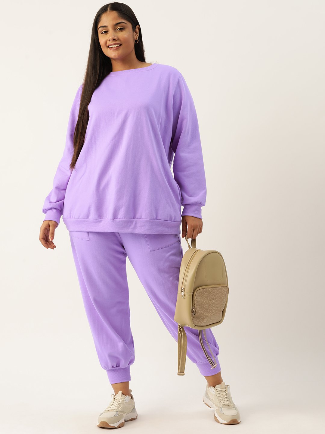 Women's Plus Size Lilac Solid Color Plain Sweatshirt With Trouser