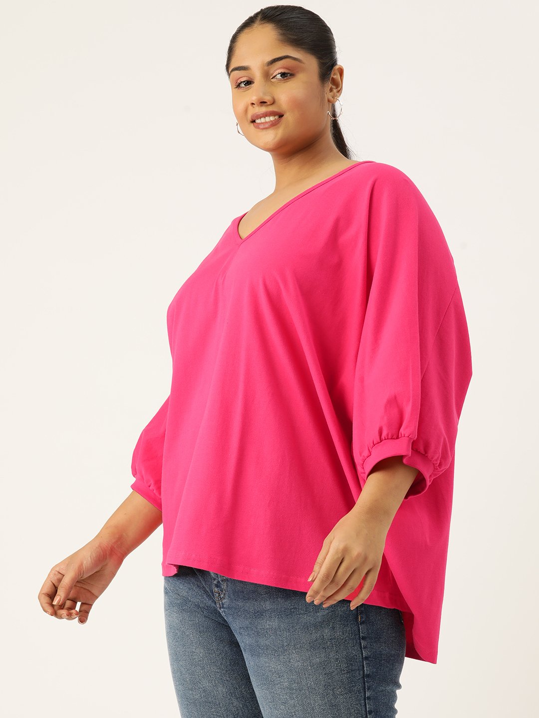 Women's Plus Size Fuchsia Solid Color Longline Cotton Top