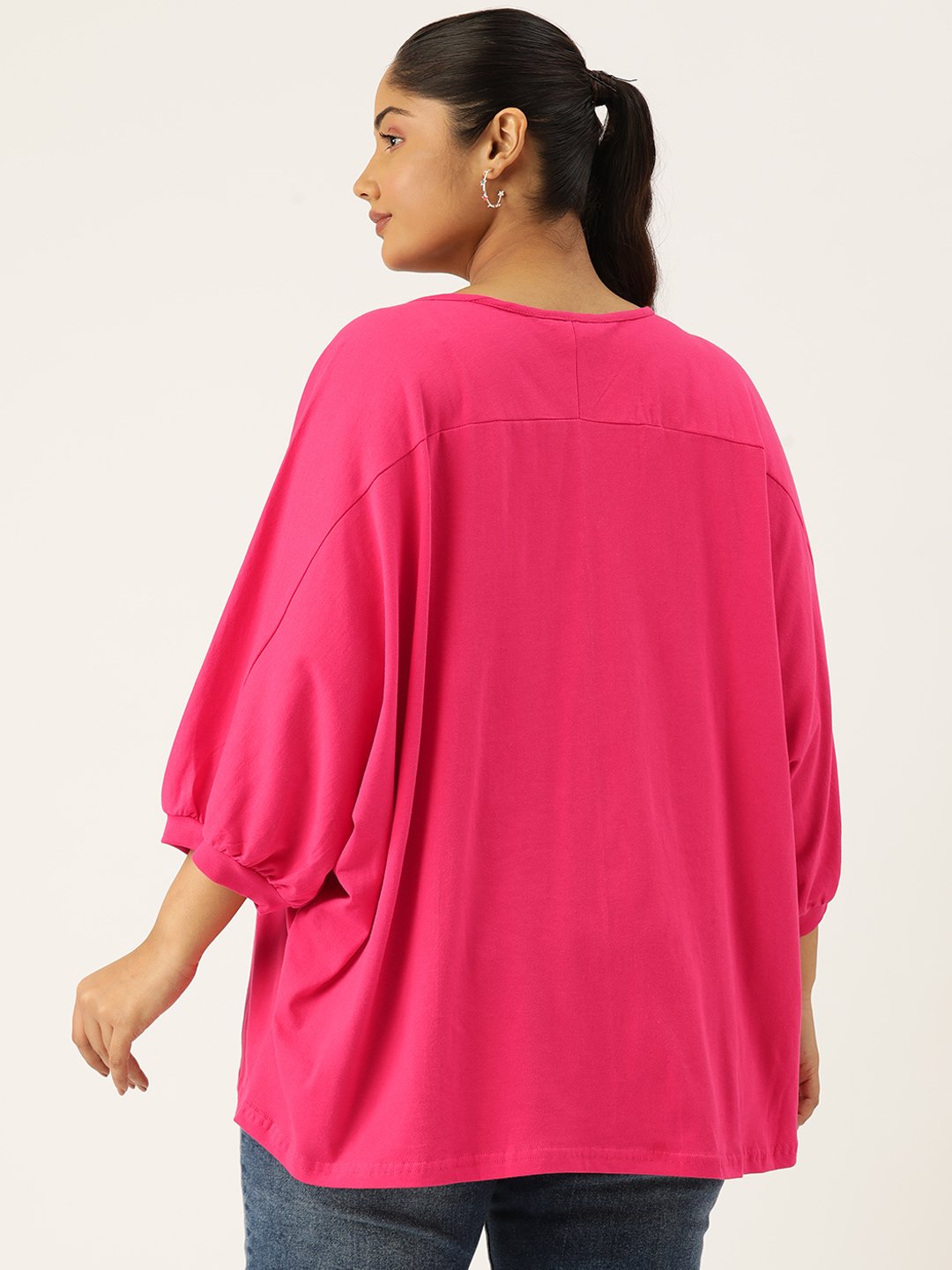 Women's Plus Size Fuchsia Solid Color Longline Cotton Top