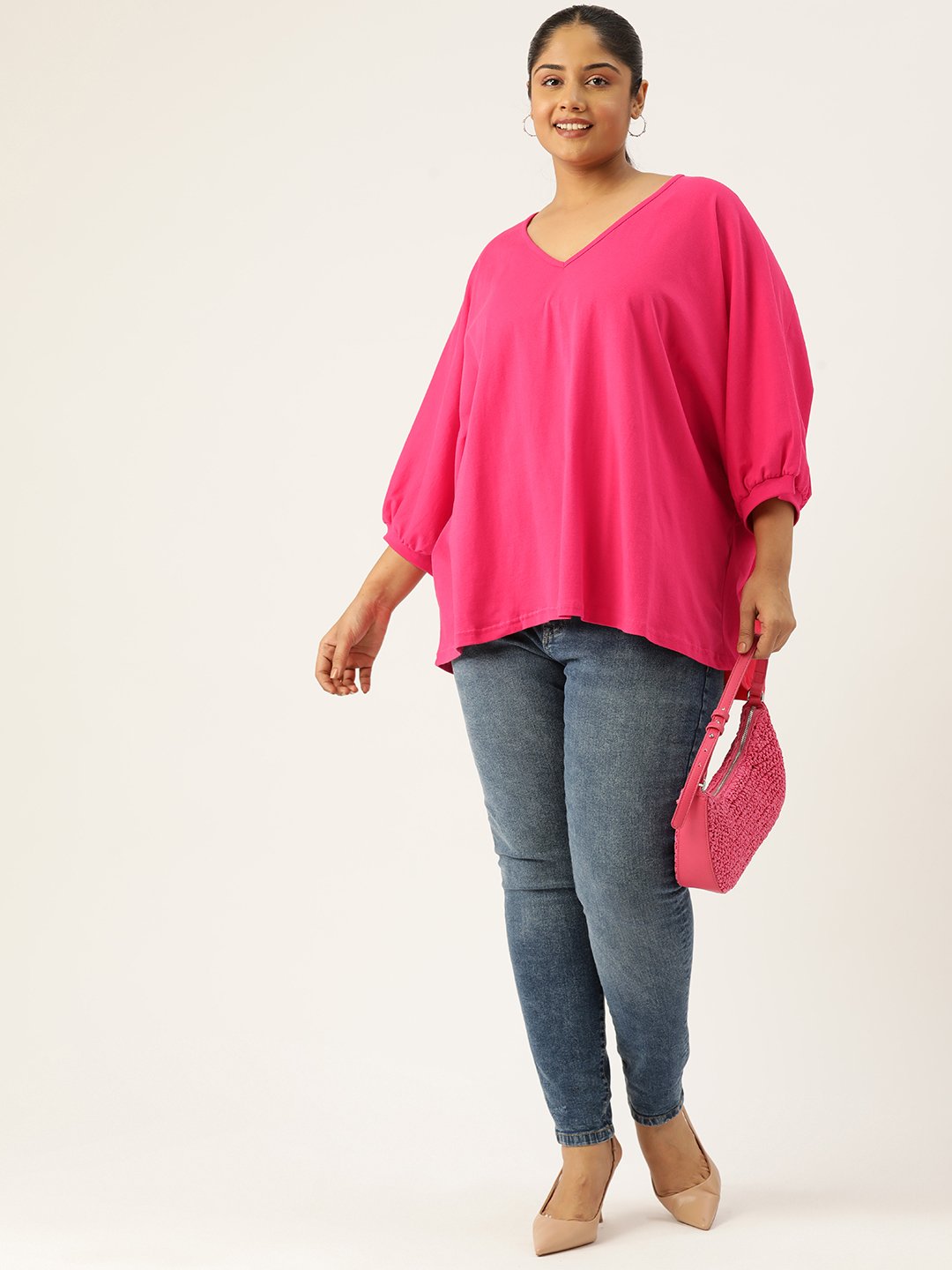 Women's Plus Size Fuchsia Solid Color Longline Cotton Top
