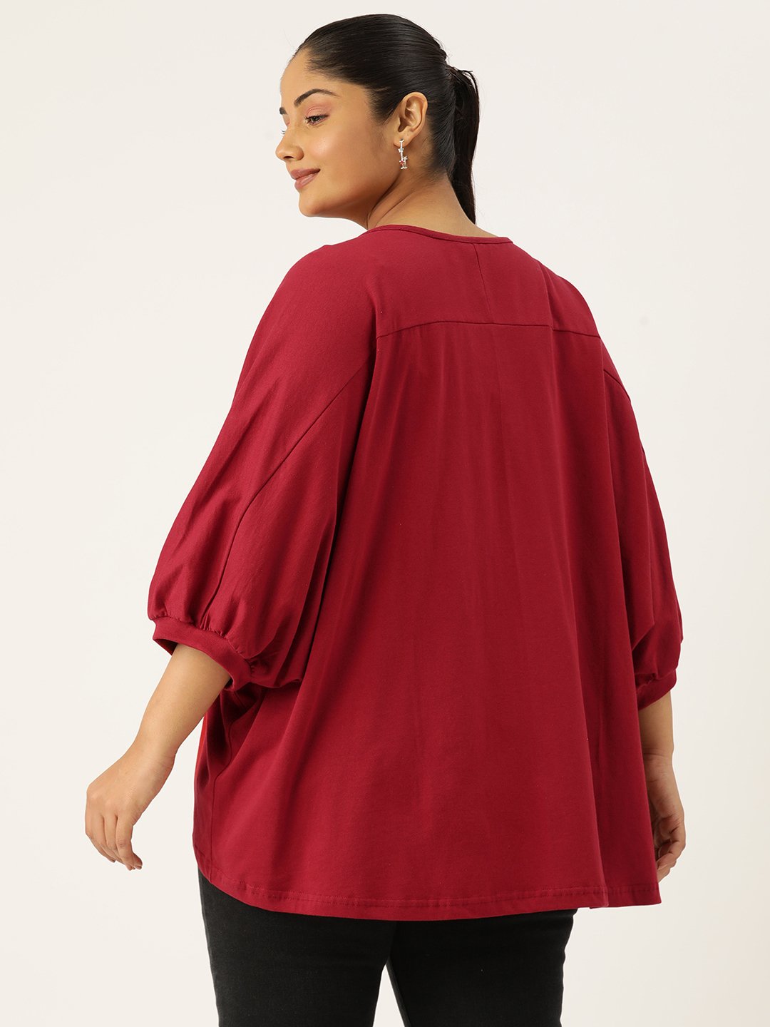 Women's Plus Size Maroon Solid Color Longline Cotton Top
