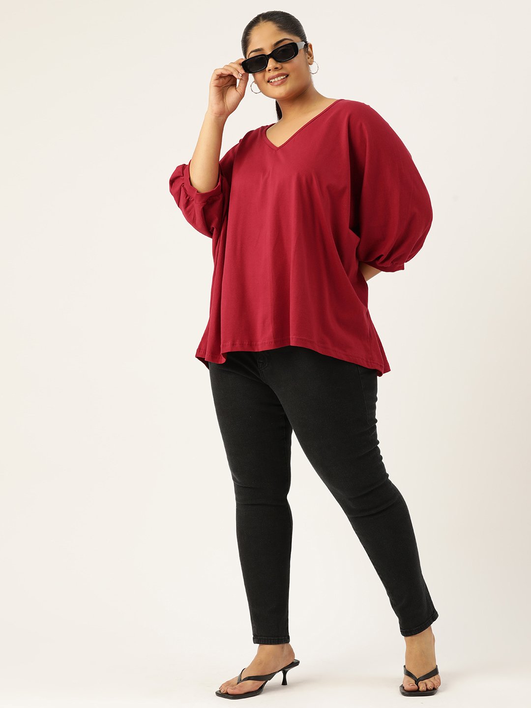 Women's Plus Size Maroon Solid Color Longline Cotton Top