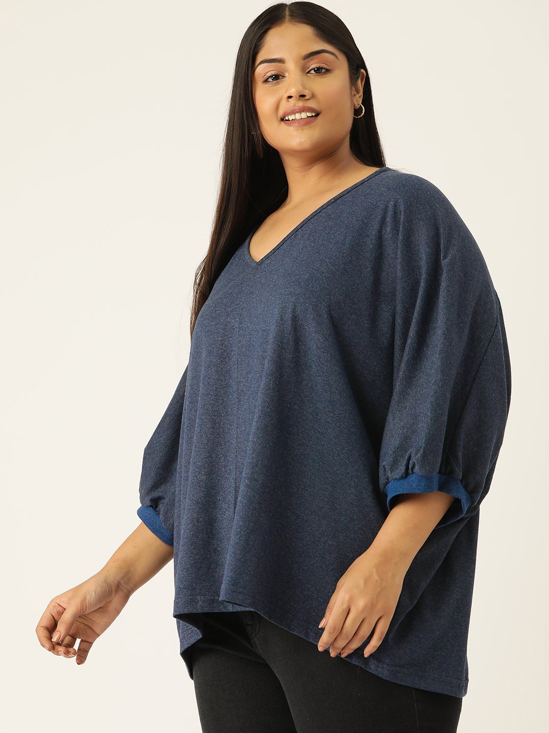 Women's Plus Size Melange Blue Solid Color Longline Cotton Top