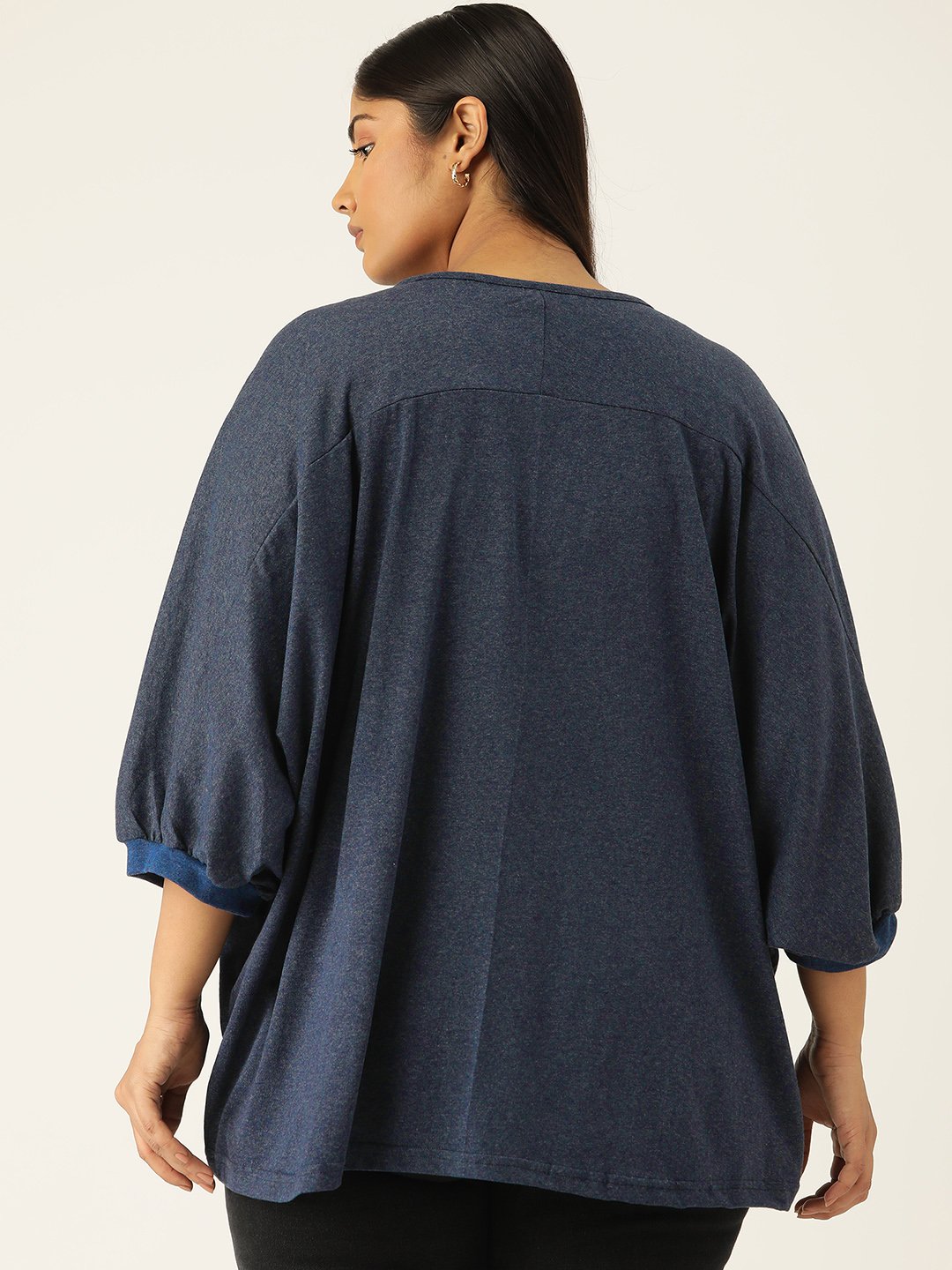 Women's Plus Size Melange Blue Solid Color Longline Cotton Top