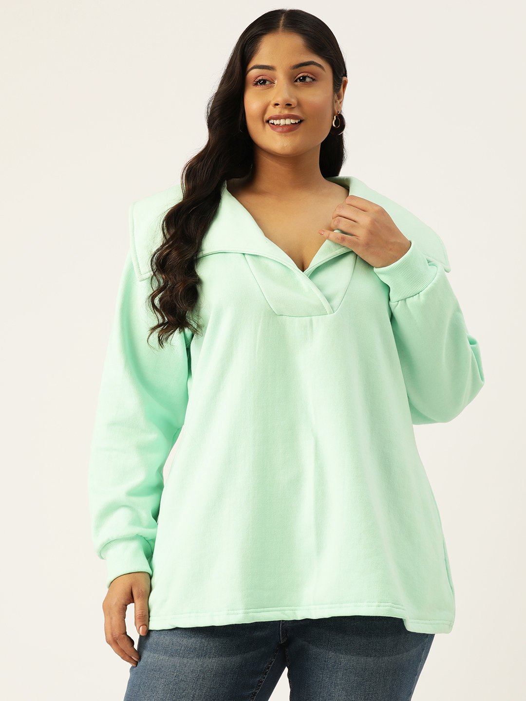 Women's Plus SizeSea Green Solid Color Fleece Longline Top