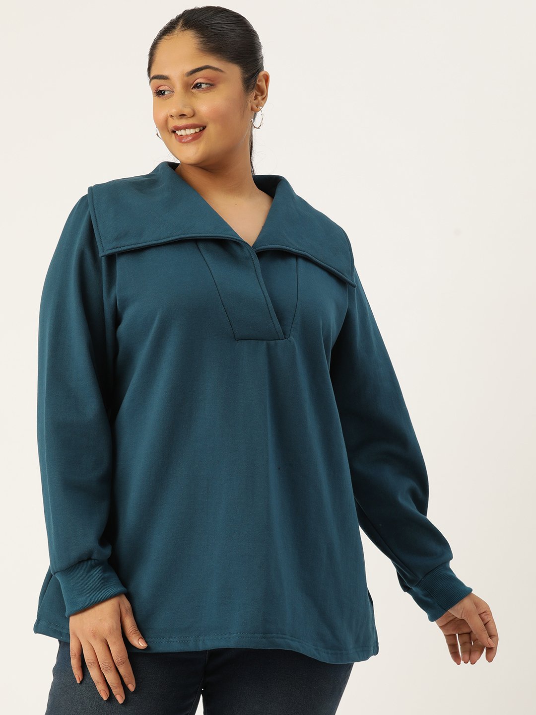 Women's Plus SizeTeal Solid Color Fleece Longline Top