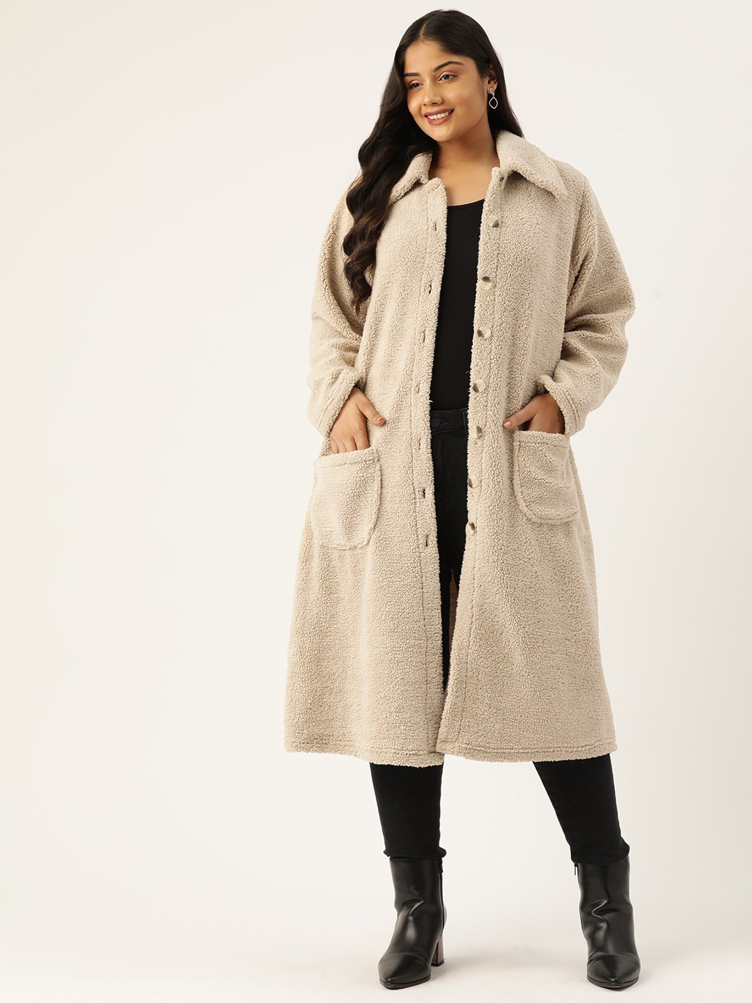 Women's Plus Size Off White Solid Color Longline Tailored Jacket