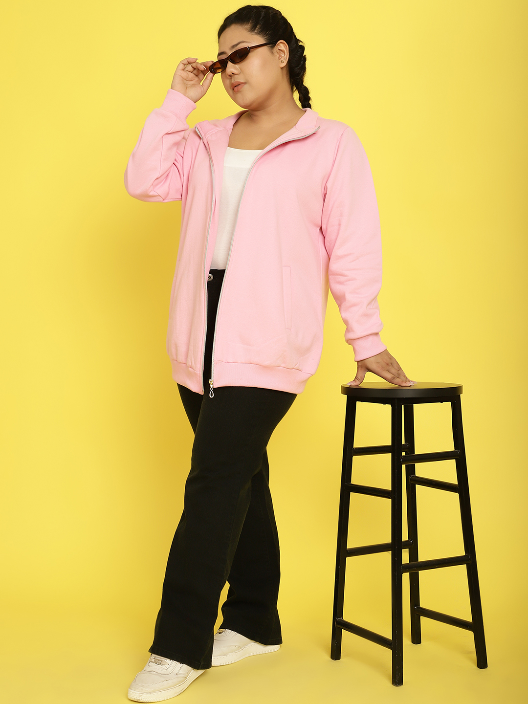 Women's Plus Size Light Pink Solid Color Fleece Winter Jacket