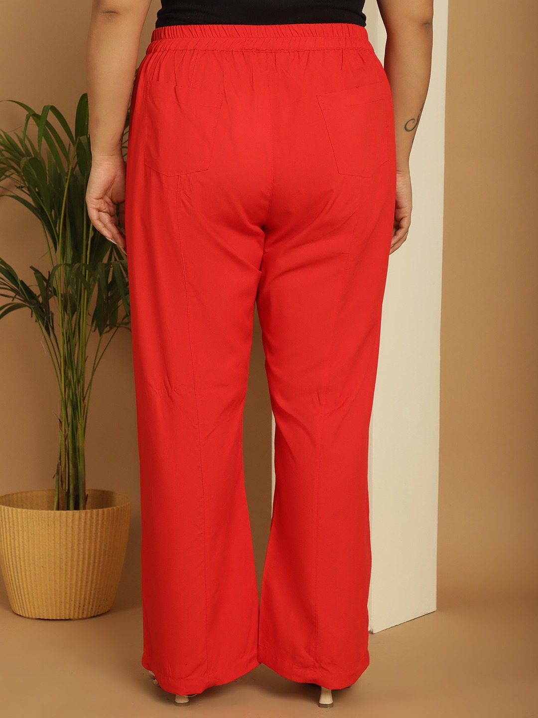 Women's Plus Size Red Solid Color woven flared palazzos