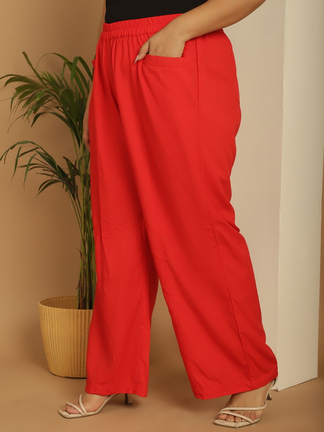 Women's Plus Size Red Solid Color woven flared palazzos