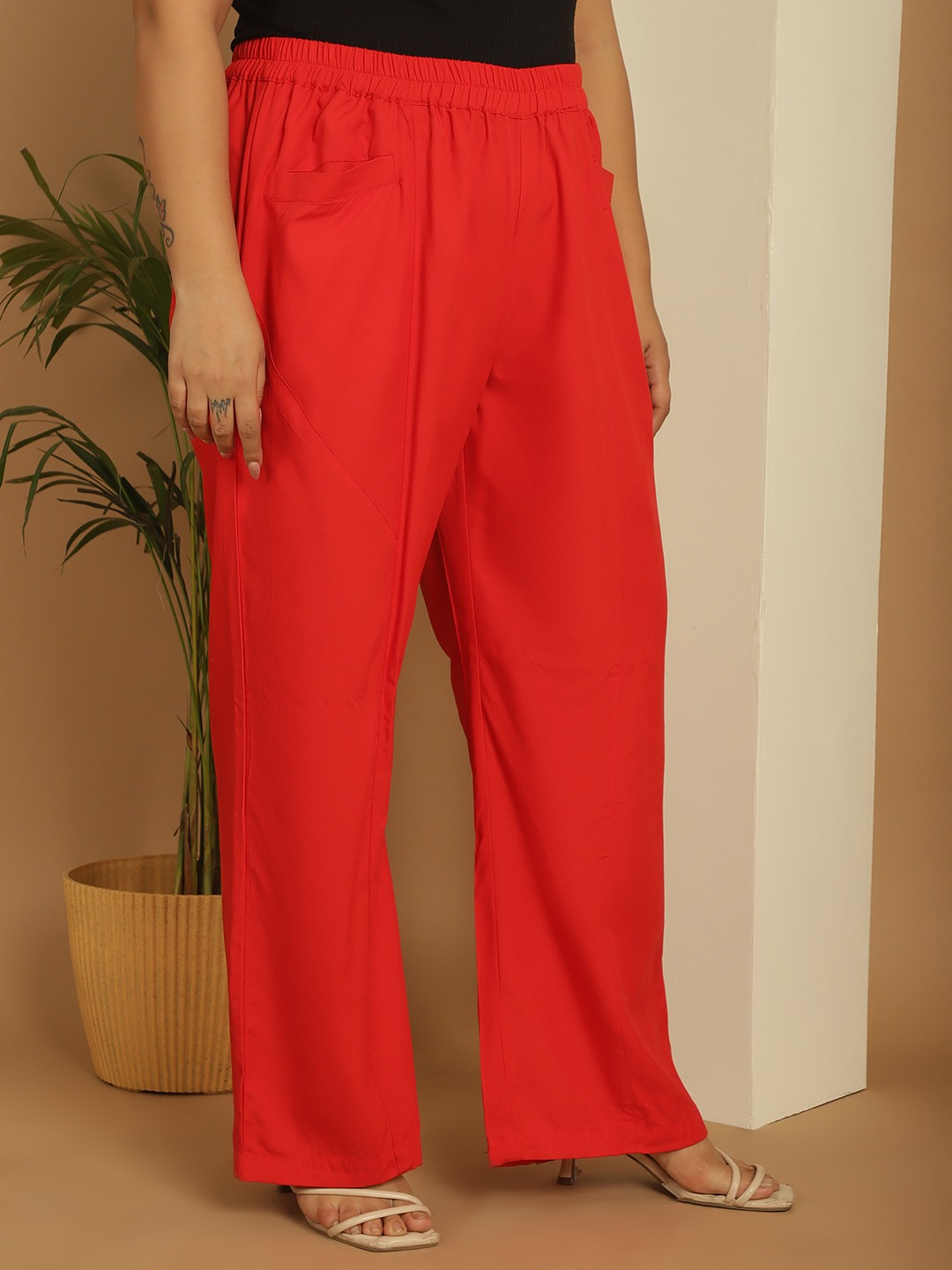 Women's Plus Size Red Solid Color woven flared palazzos