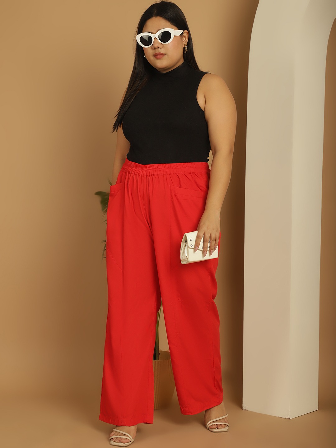 Women's Plus Size Red Solid Color woven flared palazzos