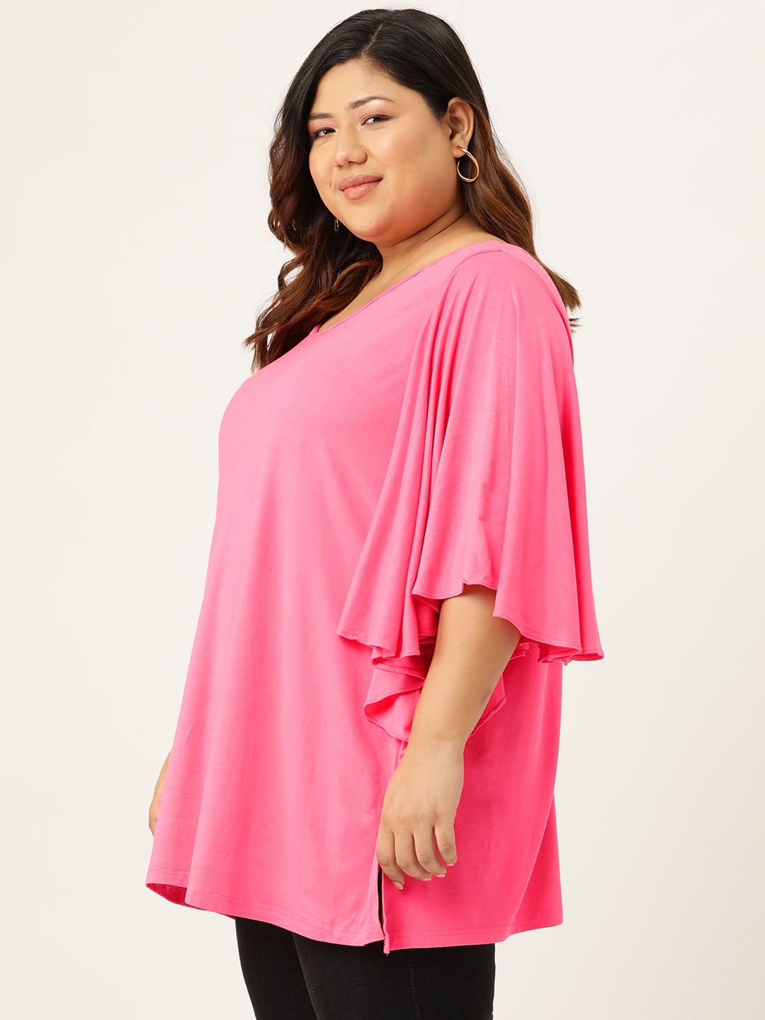 Women's Plus Size Pink Solid Color Flutter Sleeve Longline Top