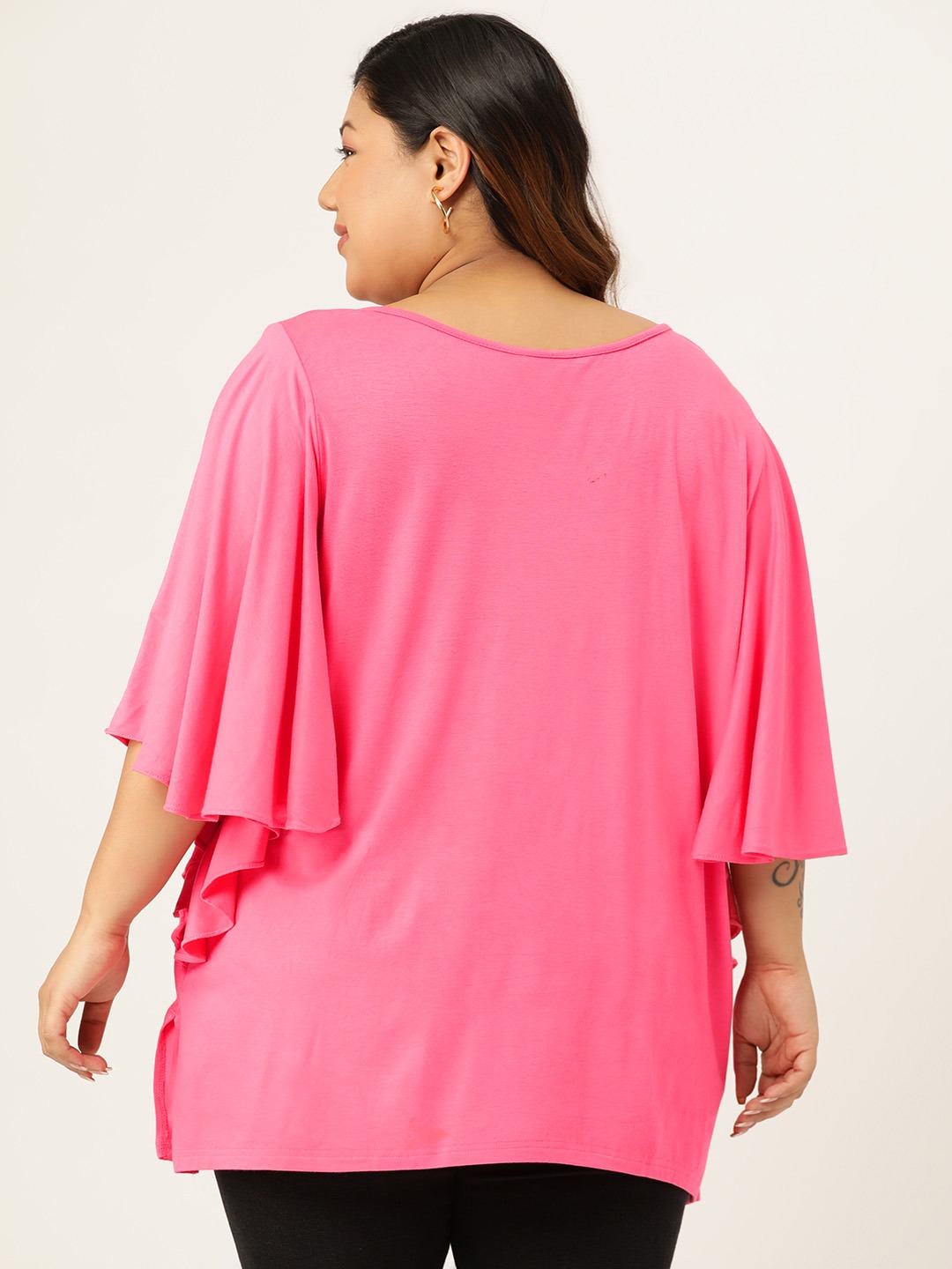 Women's Plus Size Pink Solid Color Flutter Sleeve Longline Top
