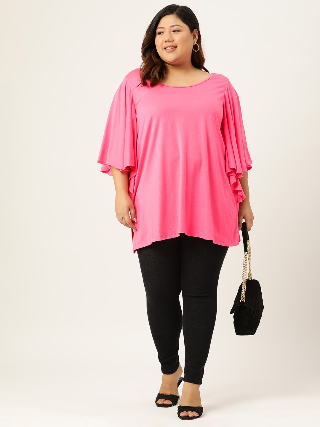 Women's Plus Size Pink Solid Color Flutter Sleeve Longline Top