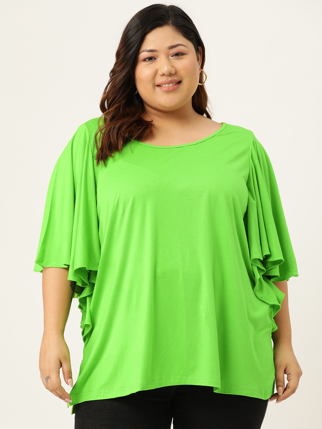 Women's Plus Size Bright Green Solid Color Flutter Sleeve Longline Top