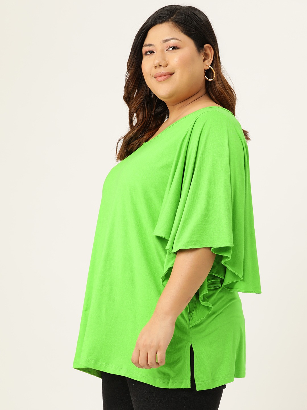 Women's Plus Size Bright Green Solid Color Flutter Sleeve Longline Top