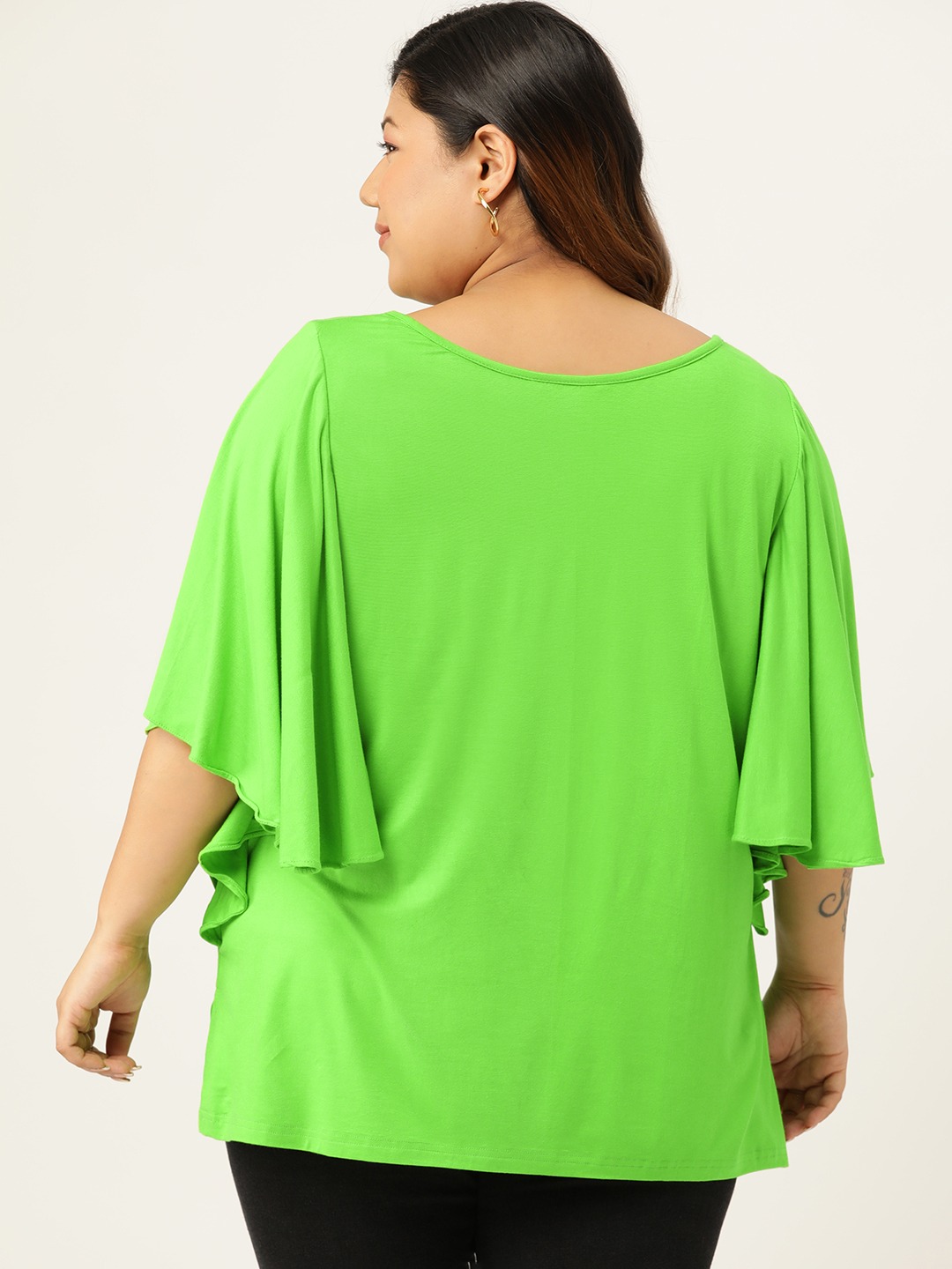 Women's Plus Size Bright Green Solid Color Flutter Sleeve Longline Top