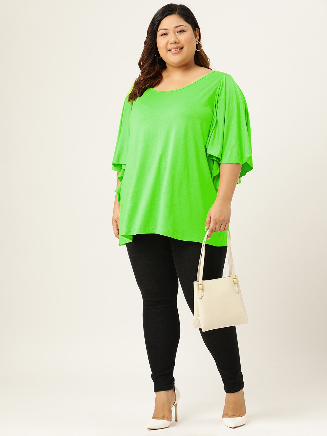 Women's Plus Size Bright Green Solid Color Flutter Sleeve Longline Top