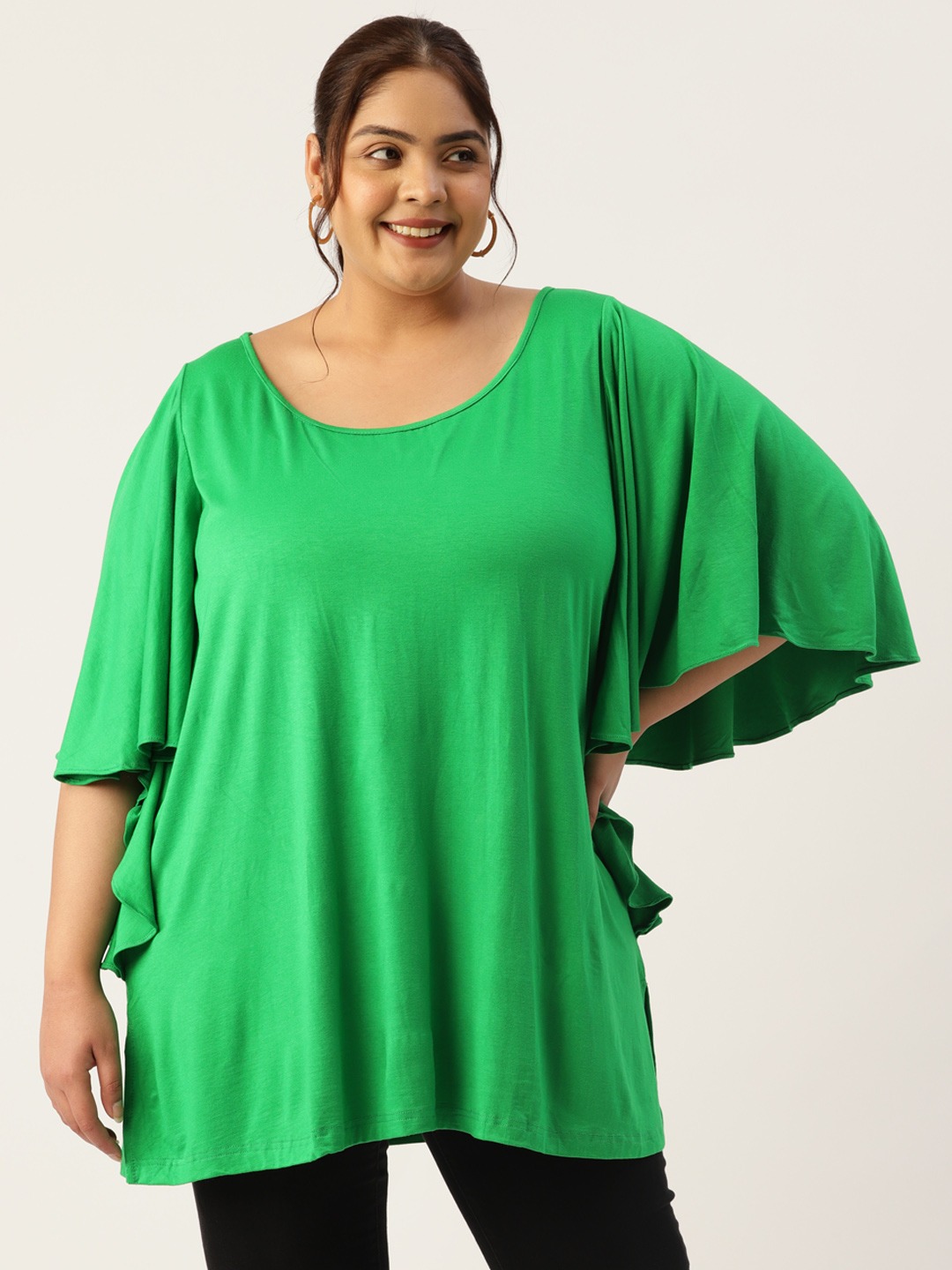 Women's Plus Size Emerlad Green Solid Color Flutter Sleeve Longline Top