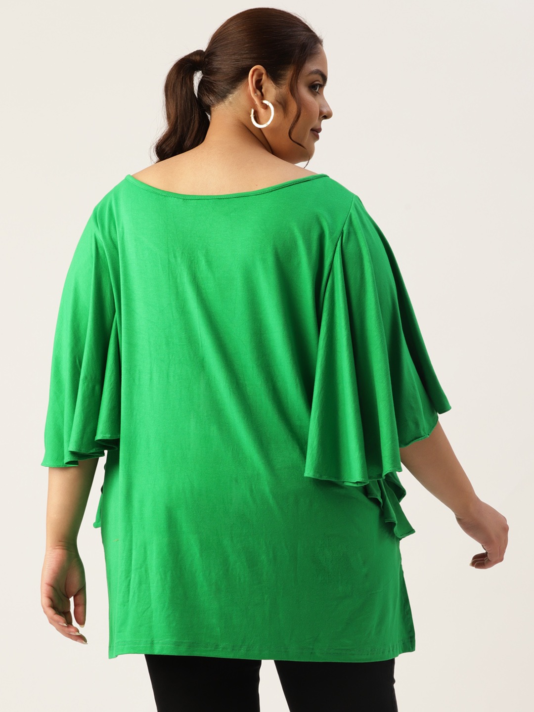 Women's Plus Size Emerlad Green Solid Color Flutter Sleeve Longline Top