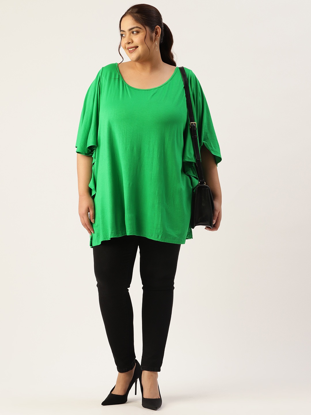 Women's Plus Size Emerlad Green Solid Color Flutter Sleeve Longline Top