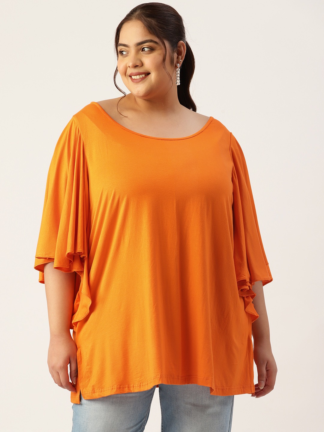 Women's Plus Size Orange Solid Color Flutter Sleeve Longline Top
