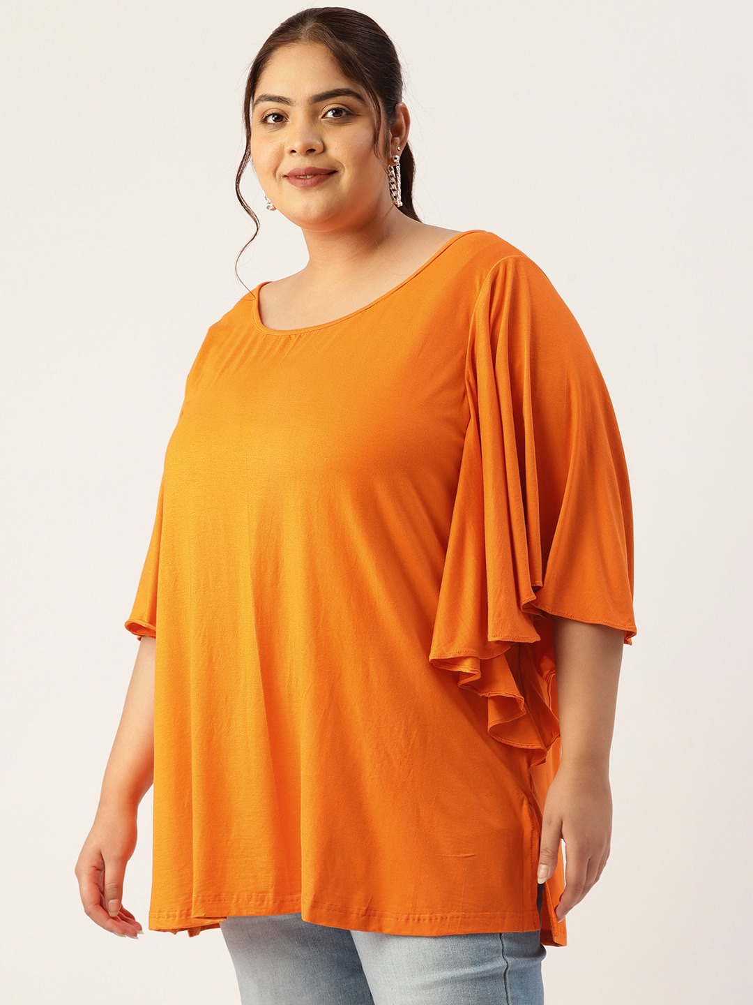 Women's Plus Size Orange Solid Color Flutter Sleeve Longline Top