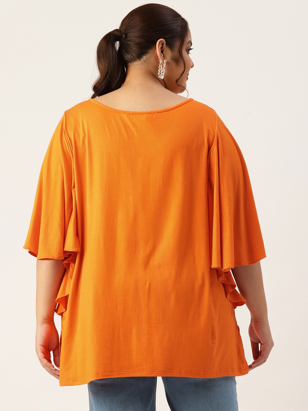 Women's Plus Size Orange Solid Color Flutter Sleeve Longline Top