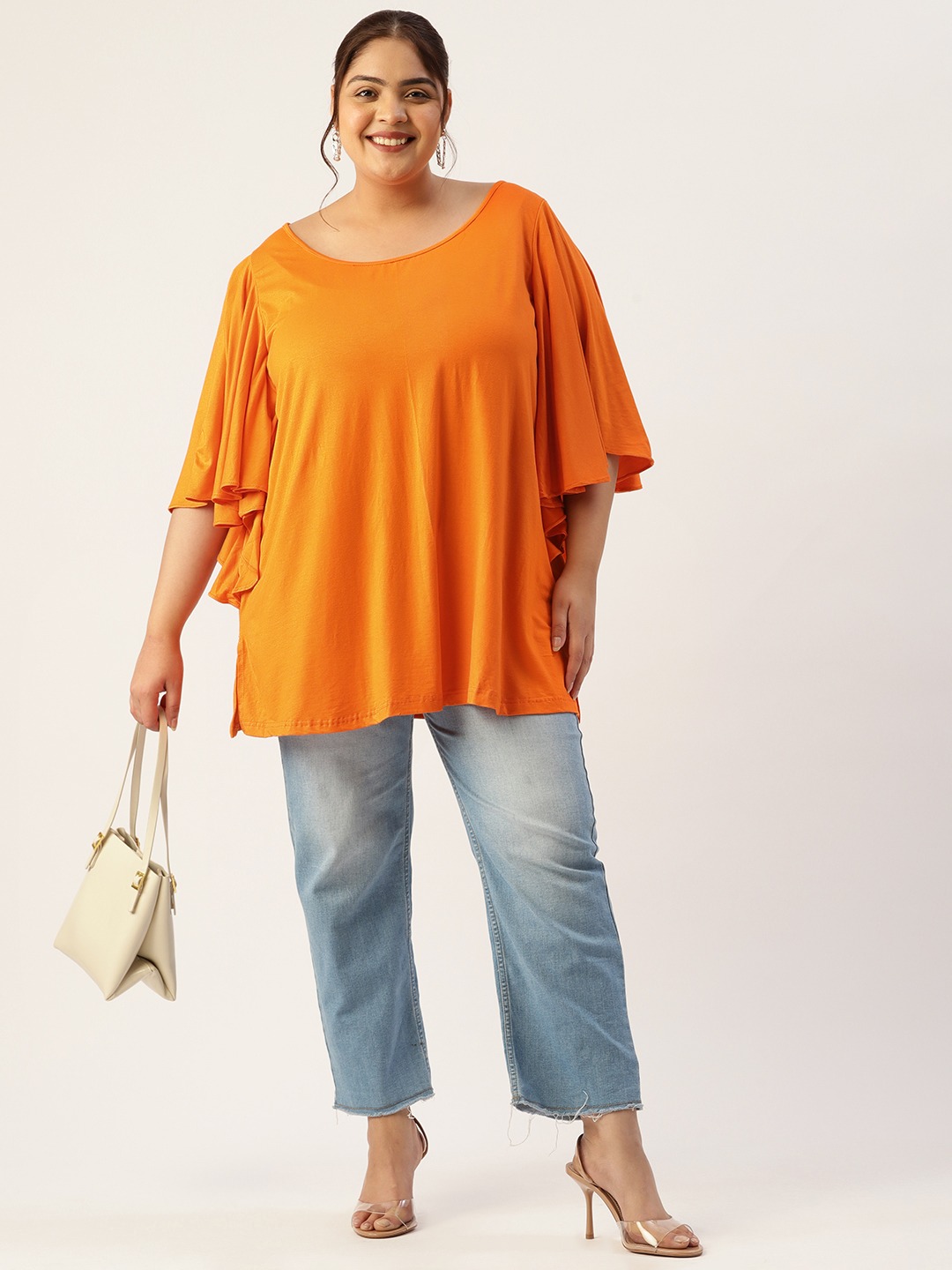 Women's Plus Size Orange Solid Color Flutter Sleeve Longline Top