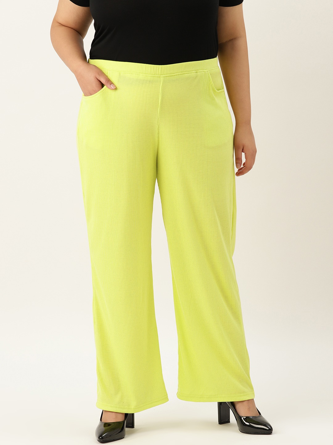 Women's Plus Size Lime solid color Cotton High -Rise Trouser