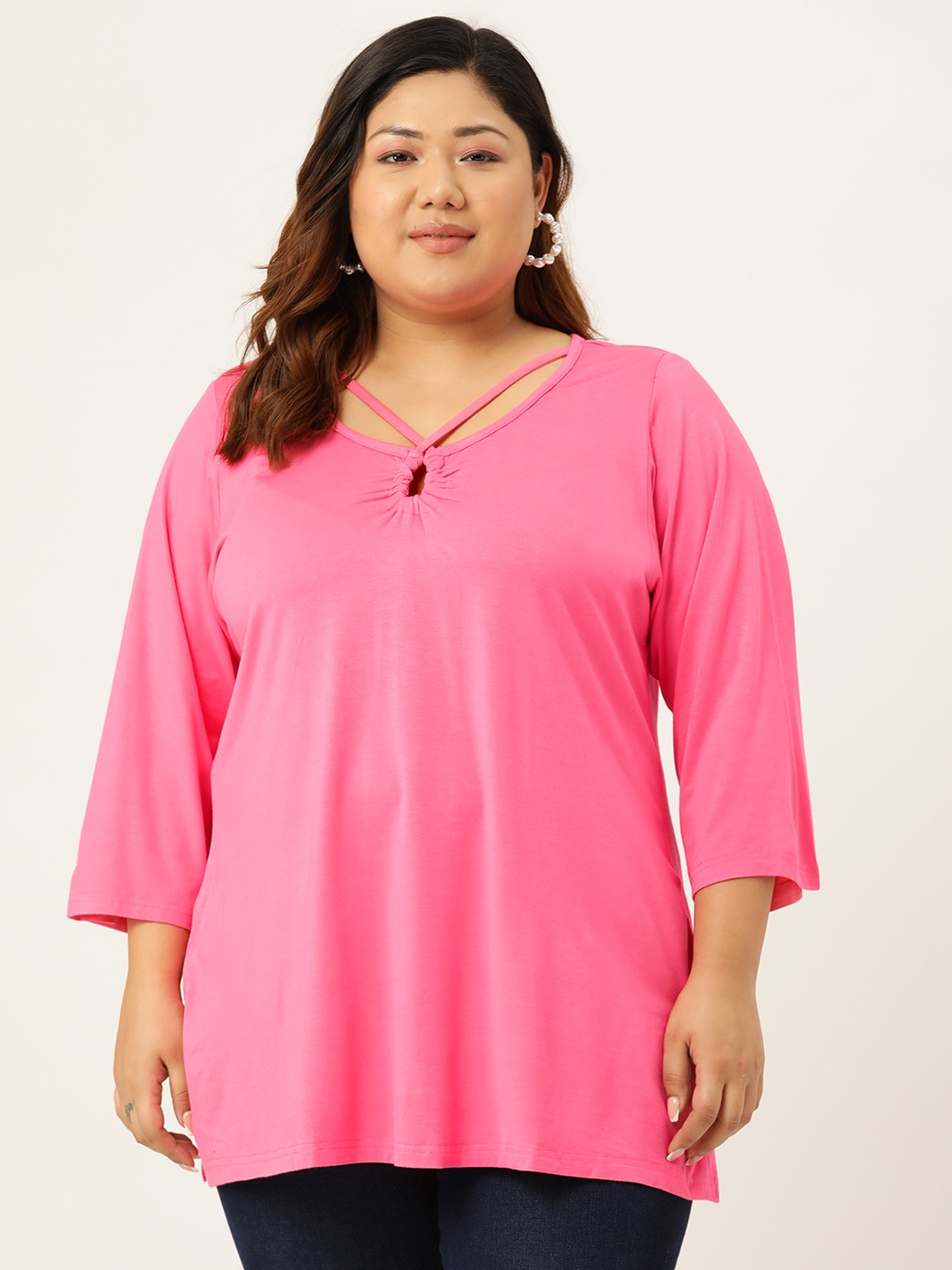 Women's Plus Size Pink Solid Color Key Hole Neck Knitted Top