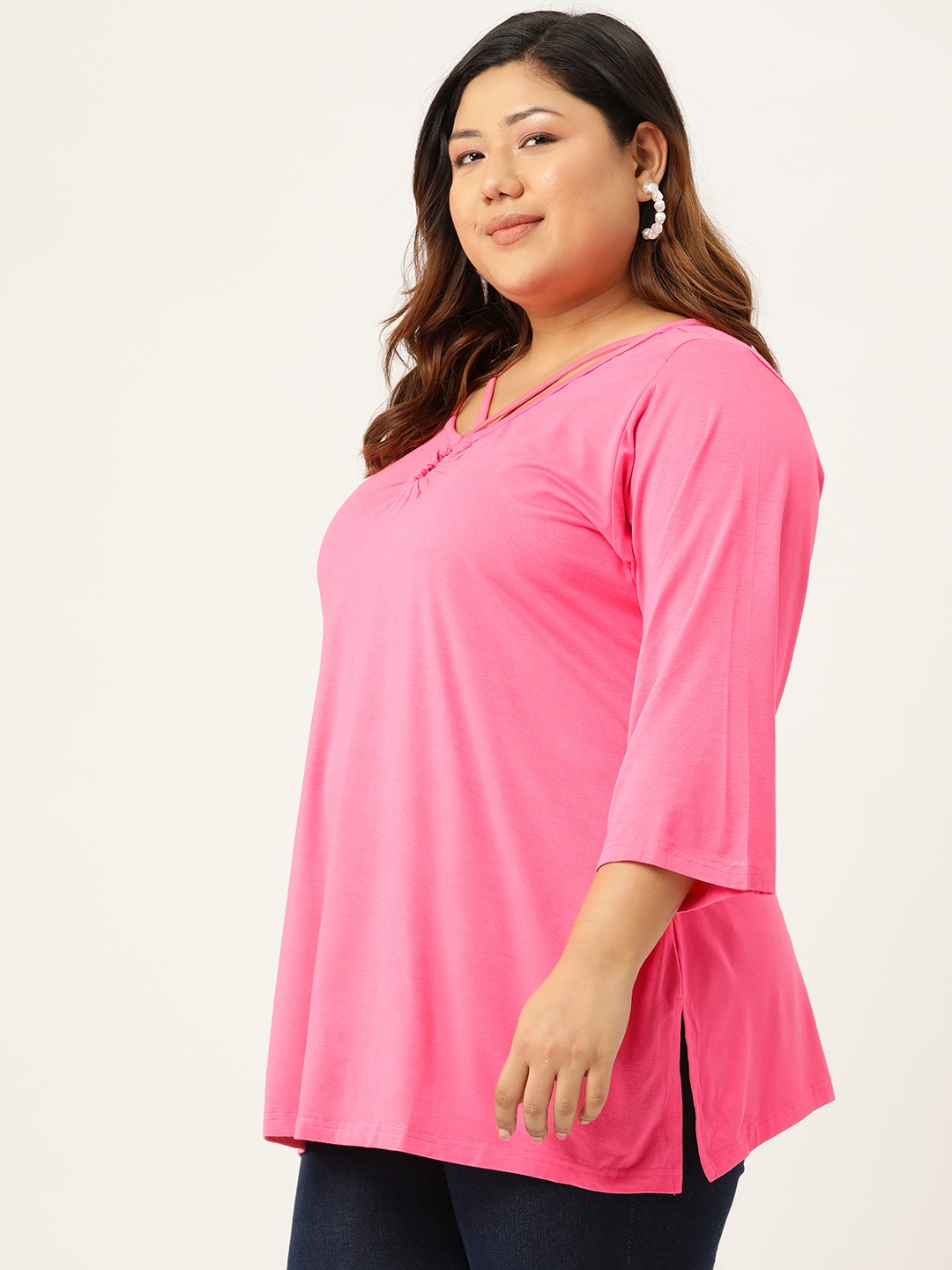 Women's Plus Size Pink Solid Color Key Hole Neck Knitted Top