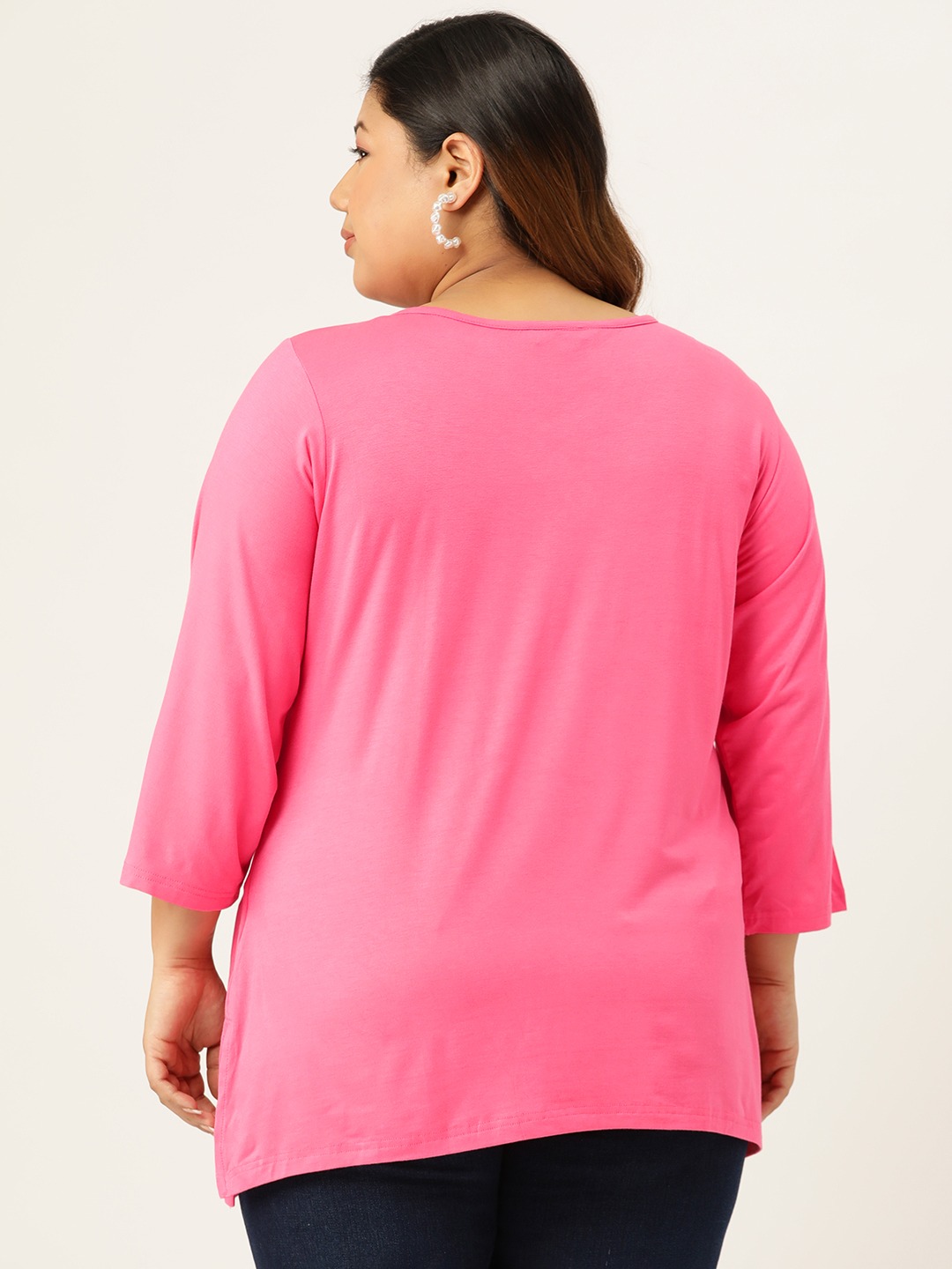 Women's Plus Size Pink Solid Color Key Hole Neck Knitted Top