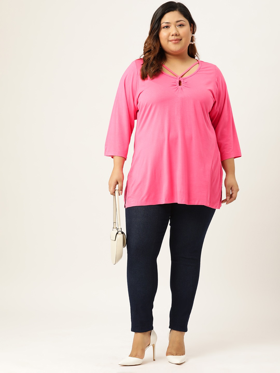 Women's Plus Size Pink Solid Color Key Hole Neck Knitted Top