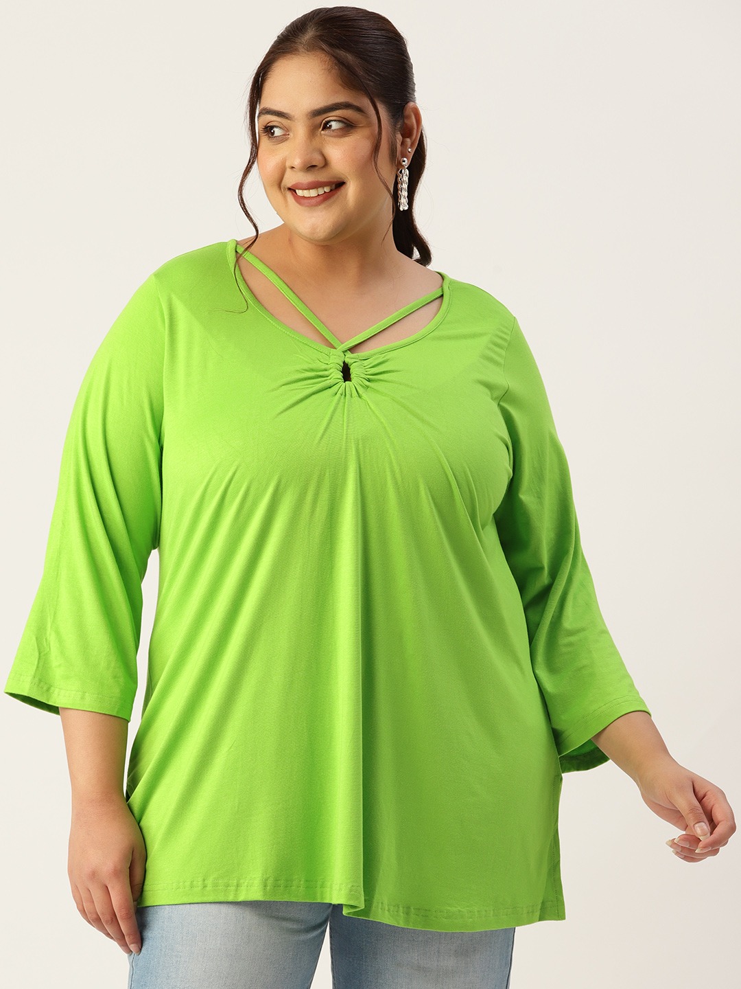 Women's Plus Size Bright Green Solid Color Key Hole Neck Knitted Top