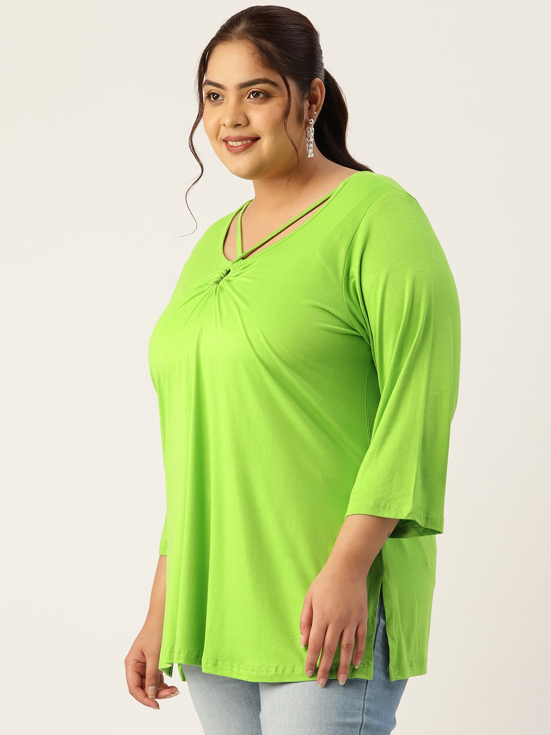 Women's Plus Size Bright Green Solid Color Key Hole Neck Knitted Top