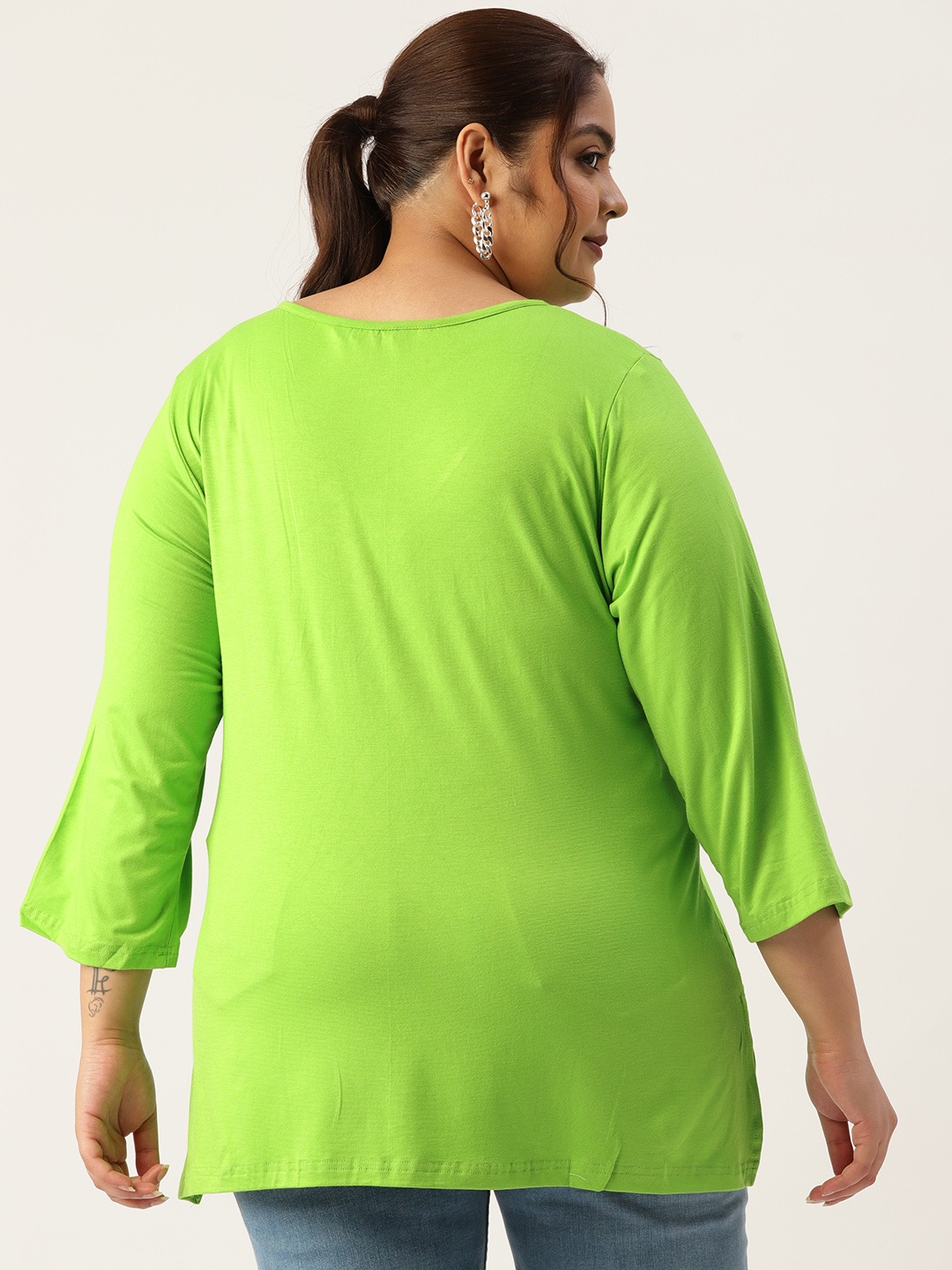 Women's Plus Size Bright Green Solid Color Key Hole Neck Knitted Top