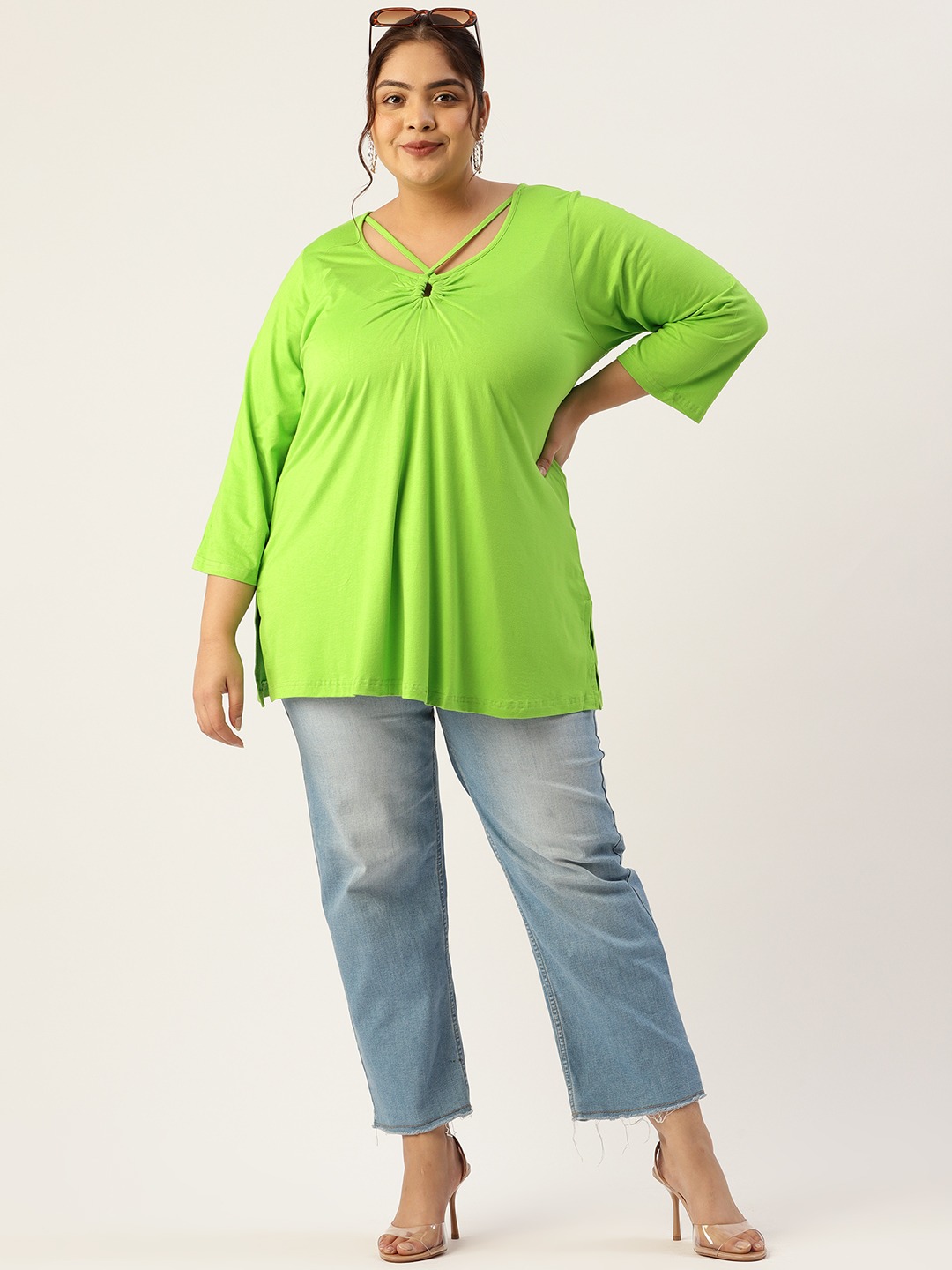 Women's Plus Size Bright Green Solid Color Key Hole Neck Knitted Top