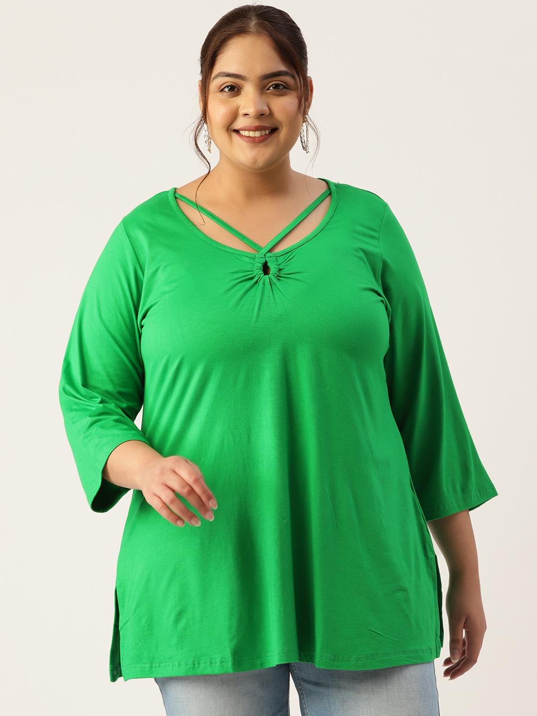 Women's Plus Size Emerlad Green Solid Color Key Hole Neck Knitted Top